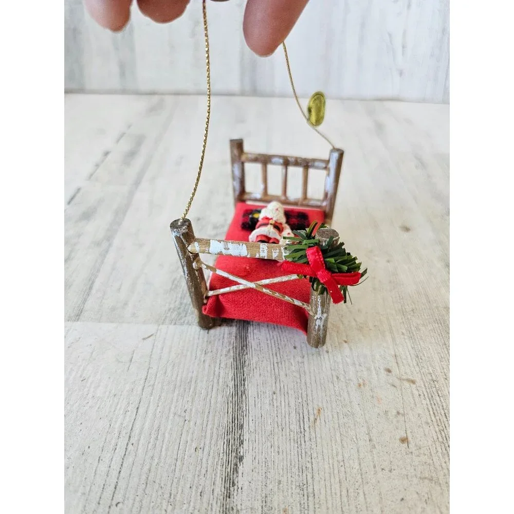 Antique Kurt Adler Santa bed rabbit ornament‎ vintage wooden Xmas tree